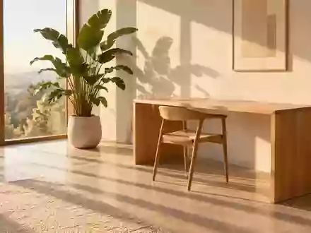 Ein heller, minimalistischer Arbeitsplatz mit einem hölzernen Stuhl und einer Zimmerpflanze in sanftem Tageslicht. - Foto: über boerse-global.de
