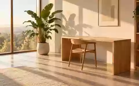 Ein heller, minimalistischer Arbeitsplatz mit einem hölzernen Stuhl und einer Zimmerpflanze in sanftem Tageslicht. - Foto: über boerse-global.de