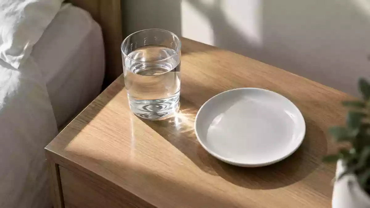 Ein Glas Wasser und ein leerer weißer Teller auf einem schlichten Holztisch bei natürlichem Morgenlicht. Illustration mit AI erstellt.