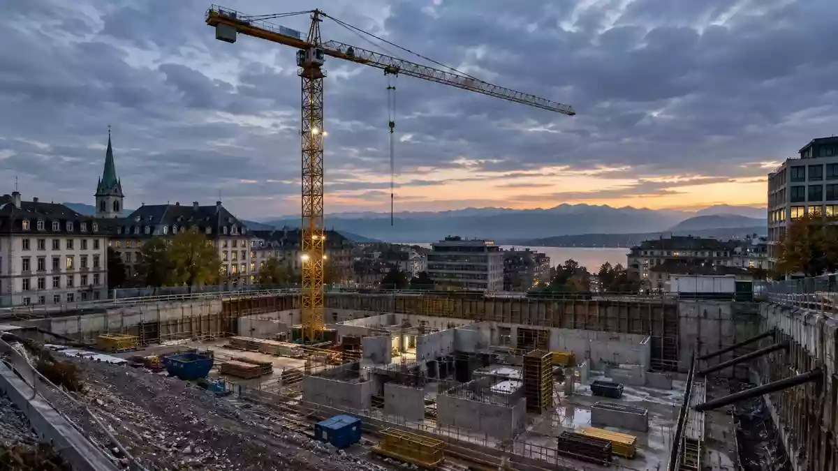 Baustelle in einer Schweizer Stadt mit einem Turmdrehkran vor einem bewölkten Himmel bei Dämmerung. Illustration mit AI erstellt.