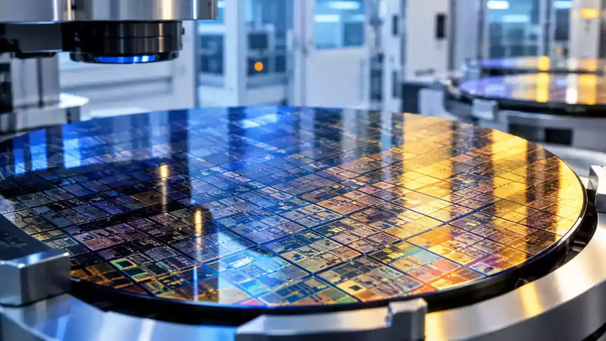 Nahaufnahme einer hochpräzisen Silizium-Wafer-Oberfläche mit feinen Mikrochip-Strukturen in einer sterilen Umgebung. Illustration mit AI erstellt.
