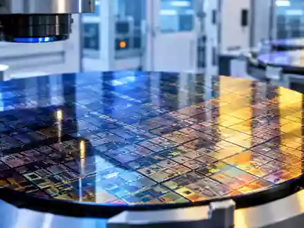 Nahaufnahme einer hochpräzisen Silizium-Wafer-Oberfläche mit feinen Mikrochip-Strukturen in einer sterilen Umgebung. - Foto: über boerse-global.de