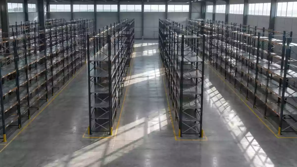 Ein weitläufiges, modernes Lagerhaus mit hohen, symmetrischen Regalsystemen und poliertem Betonboden in einer Industriehalle. Illustration mit AI erstellt.