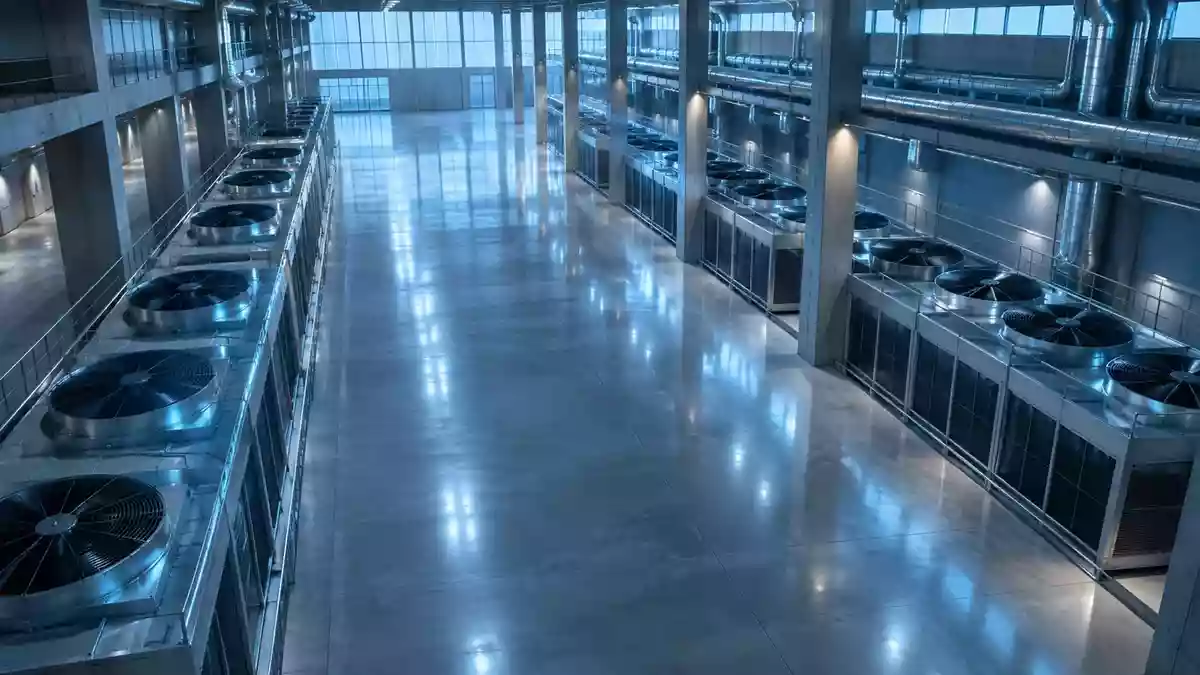 Ein weitläufiger, moderner Industrieraum mit minimalistischer Architektur und kühler Beleuchtung, der die Infrastruktur moderner Rechenzentren symbolisiert. Illustration mit AI erstellt.