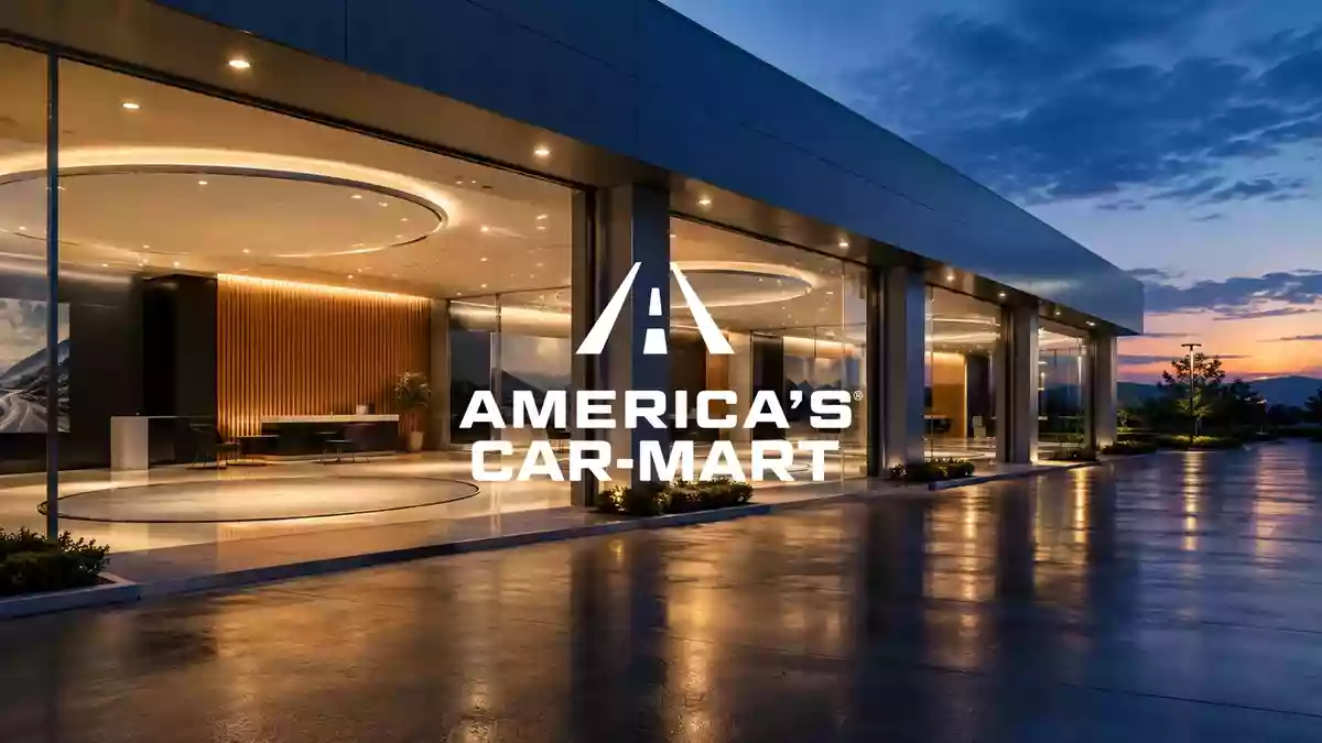 Moderne Autohaus-Architektur bei Dämmerung als Symbol für Automobilhandel und Finanzierung Illustration mit AI erstellt.