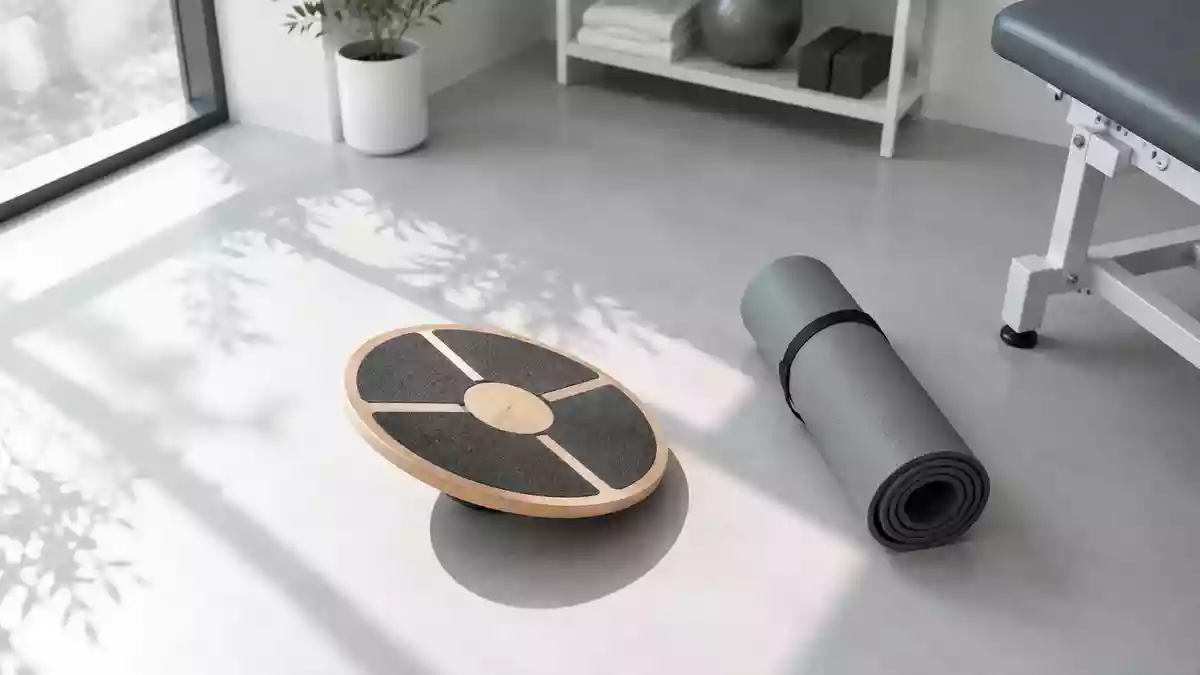 Ein minimalistisch eingerichteter Physiotherapieraum mit einem Balance-Board und einer Sportmatte auf einem hellen Boden. Illustration mit AI erstellt.