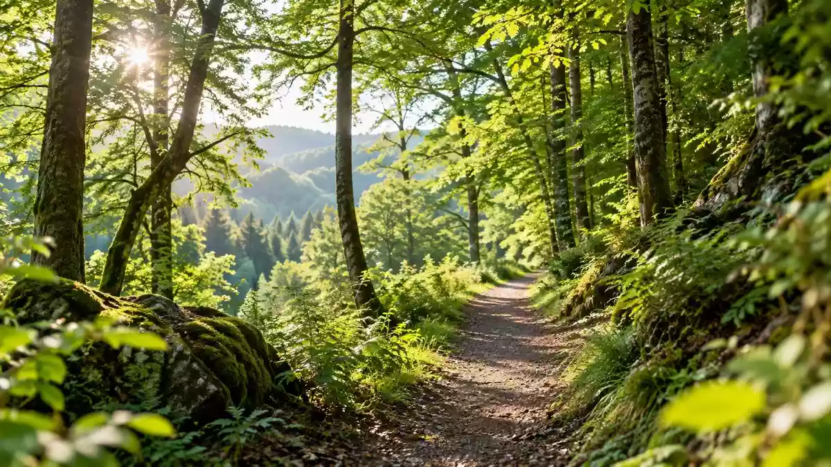 Ein sonnendurchfluteter Waldweg in einer ruhigen Naturlandschaft der Vulkaneifel. Illustration mit AI erstellt.