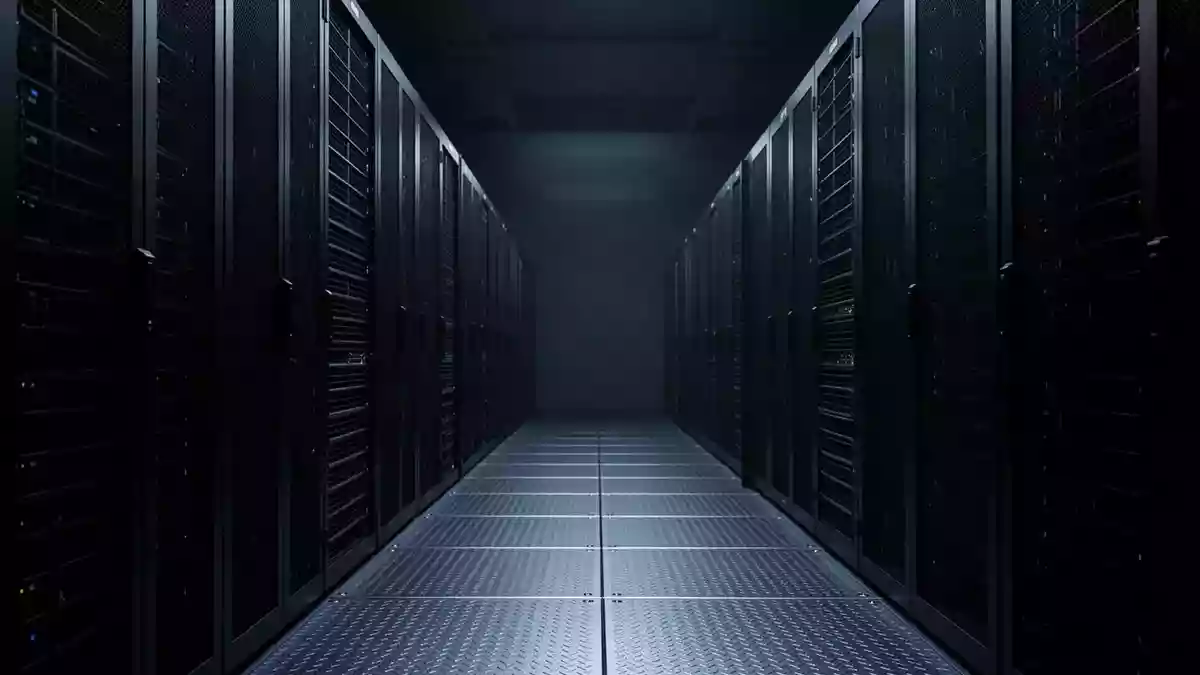 Eine industrielle Serverraum-Umgebung in kühlem blauen Licht ohne sichtbare Hardware oder Beschriftungen. Illustration mit AI erstellt.