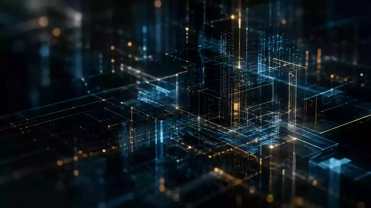 Abstrakte digitale Umgebung mit feinen leuchtenden Linien, die eine komplexe Datenstruktur symbolisieren. Illustration mit AI erstellt.