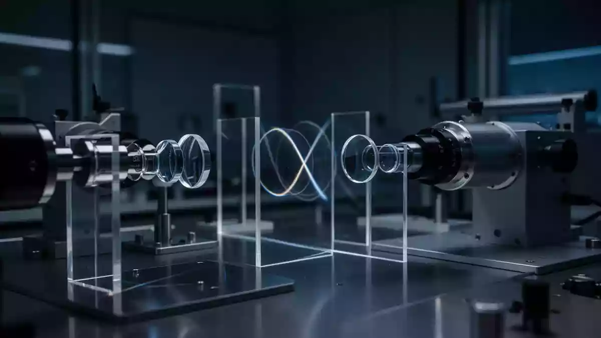 Ein dunkles, modernes Labor mit optischen Testgeräten und bläulichen Lichtreflexionen auf metallischen Oberflächen. Illustration mit AI erstellt.