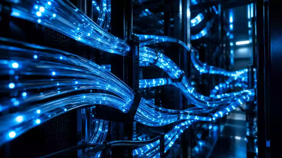 Abstrakte Darstellung eines komplexen Netzwerks aus Glasfaserkabeln in einer dunklen, technologischen Umgebung. Illustration mit AI erstellt.