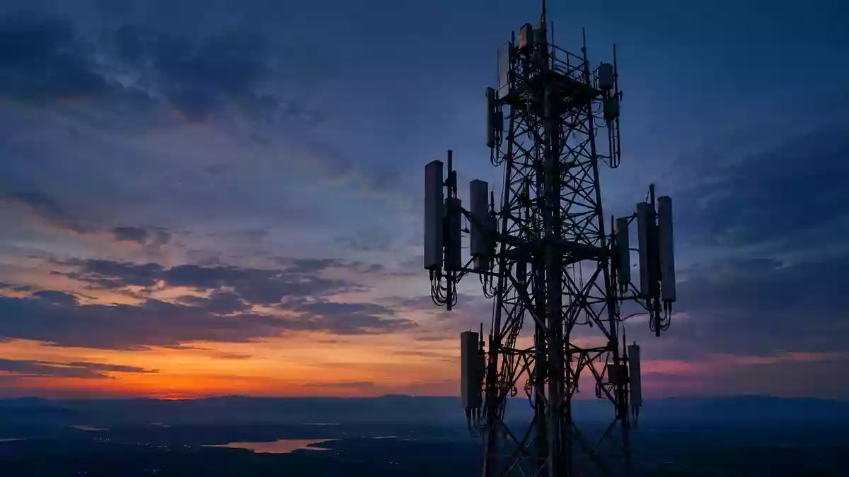 Ein großer, silhouettierter Mobilfunkmast vor einem Dämmerungshimmel bei Abendlicht. Illustration mit AI erstellt.