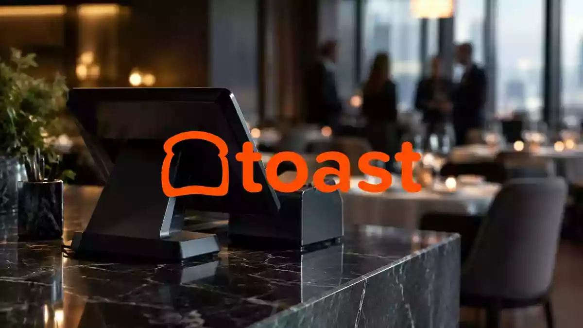 Modernes Kassensystem in einem Restaurant vor verschwommenem Hintergrund, das eine Atmosphäre rechtlicher Prüfung vermittelt. Illustration mit AI erstellt.