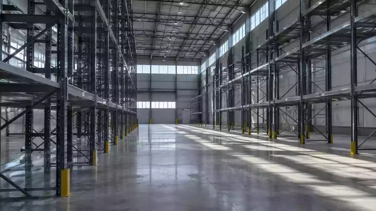 Weitläufiges, modernes Industrielager mit Betonboden und Stahlregalen in natürlichem Licht. Illustration mit AI erstellt.