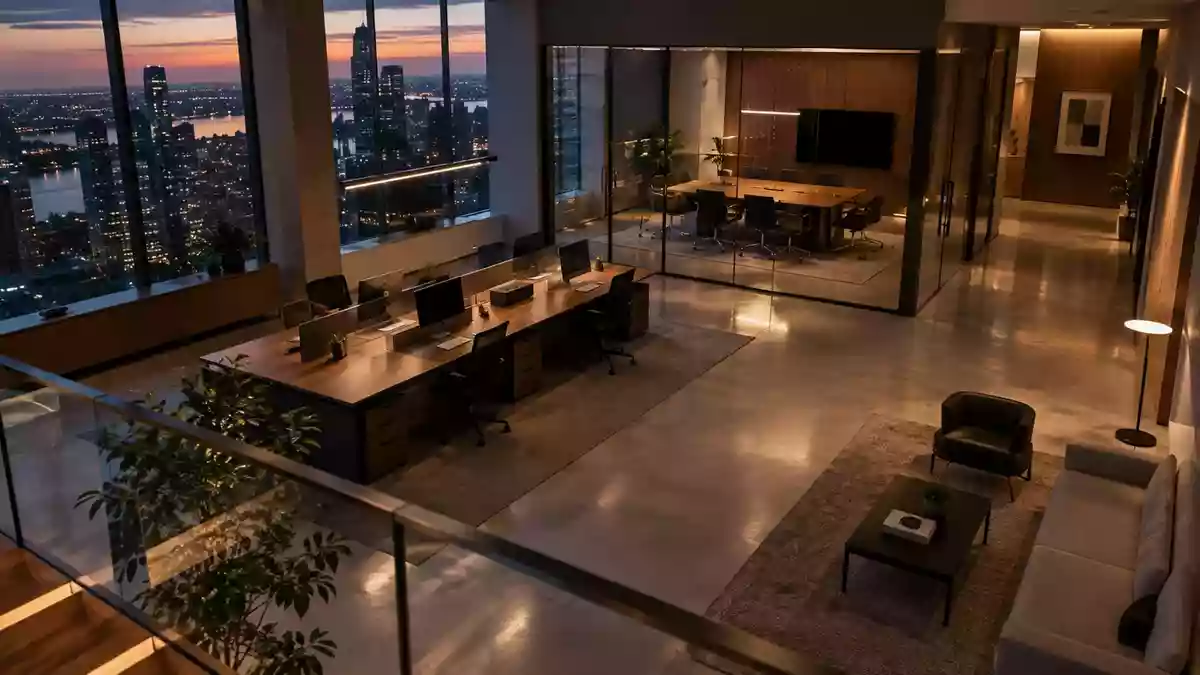 Ein minimalistisch gestaltetes, modernes Büro bei Dämmerung mit Fokus auf Architektur und Lichtstimmung. Illustration mit AI erstellt.