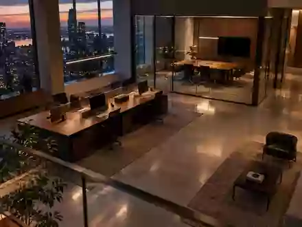Ein minimalistisch gestaltetes, modernes Büro bei Dämmerung mit Fokus auf Architektur und Lichtstimmung. - Foto: über boerse-global.de