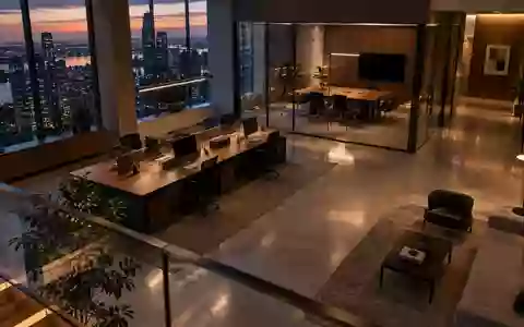 Ein minimalistisch gestaltetes, modernes Büro bei Dämmerung mit Fokus auf Architektur und Lichtstimmung. - Foto: über boerse-global.de