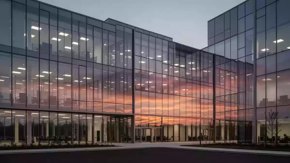 Ein modernes Bürogebäude aus Glas in der Abenddämmerung, das den Sonnenuntergang reflektiert. Illustration mit AI erstellt.