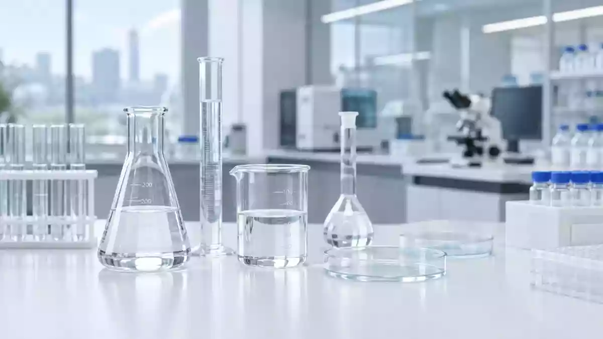 Ein steriler, moderner Laborarbeitsplatz mit wissenschaftlichen Glasgefäßen in einer hellen, professionellen Forschungsumgebung. Illustration mit AI erstellt.