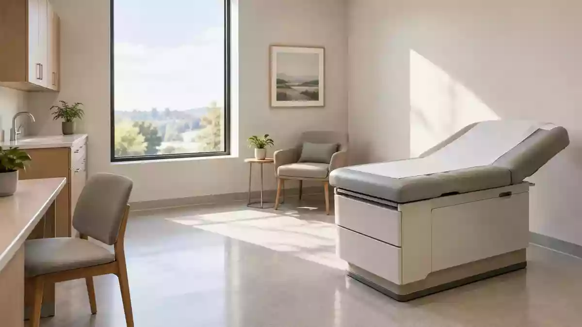 Ein heller, moderner Behandlungsraum in einer Klinik mit neutraler Einrichtung und natürlichem Lichteinfall. Illustration mit AI erstellt.