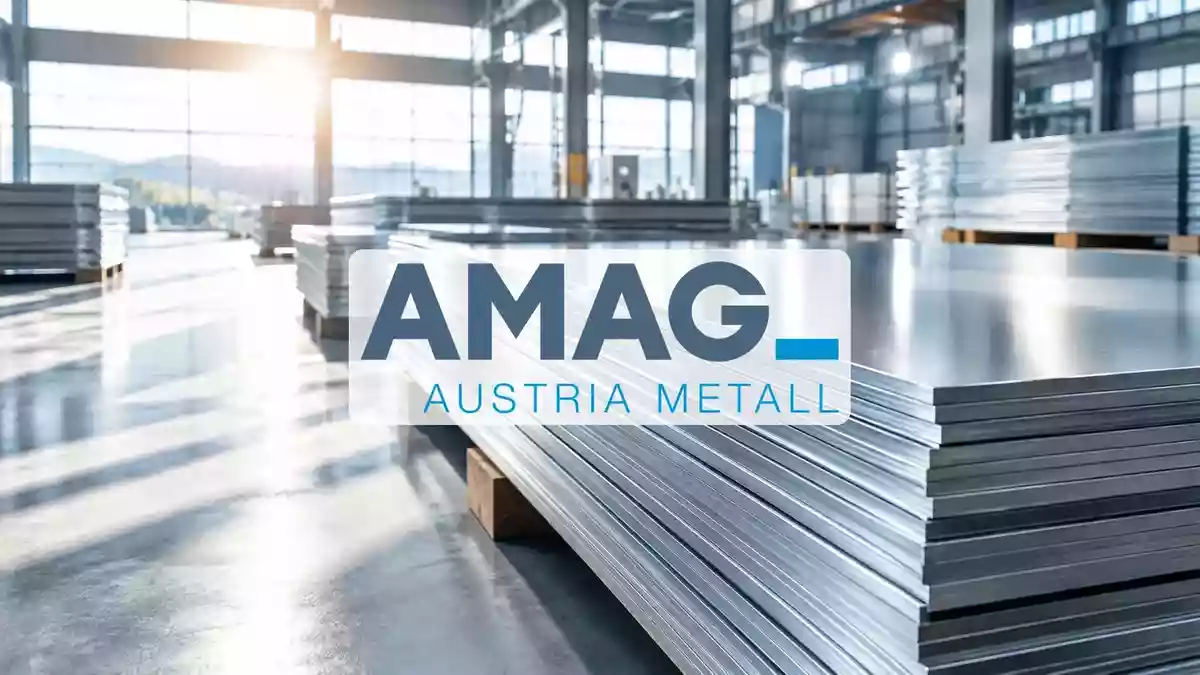 Gestapelte Aluminiumplatten in einer modernen Lagerhalle als Symbol für industrielle Stärke und Wachstum. Illustration mit AI erstellt.