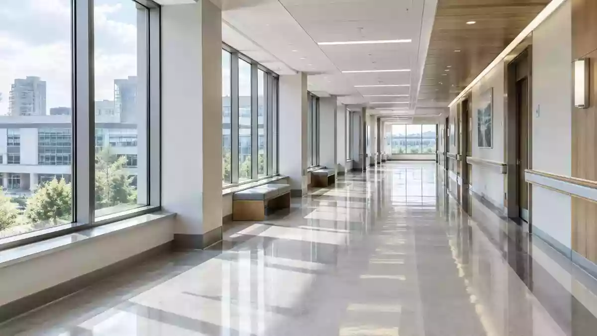Ein moderner, heller Krankenhausflur in einer großen medizinischen Einrichtung mit klaren architektonischen Linien. Illustration mit AI erstellt.