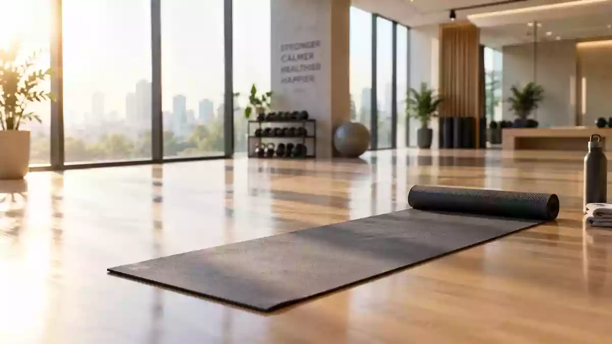 Ein minimalistischer Fitnessraum mit hellem Holzboden und einfallendem Sonnenlicht in einer ruhigen, leeren Umgebung. Illustration mit AI erstellt.