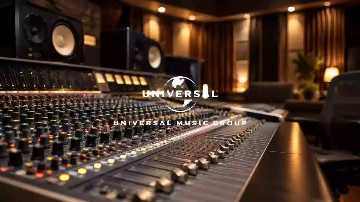 Modernes Mischpult in einem Tonstudio mit atmosphärischer Beleuchtung als Symbol für die Musikindustrie. Illustration mit AI erstellt.
