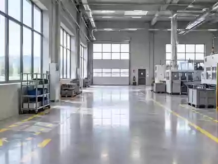 Eine leere, moderne Industriehalle mit klaren Bodenmarkierungen für Arbeitssicherheit und natürlichem Lichteinfall. - Foto: über boerse-global.de