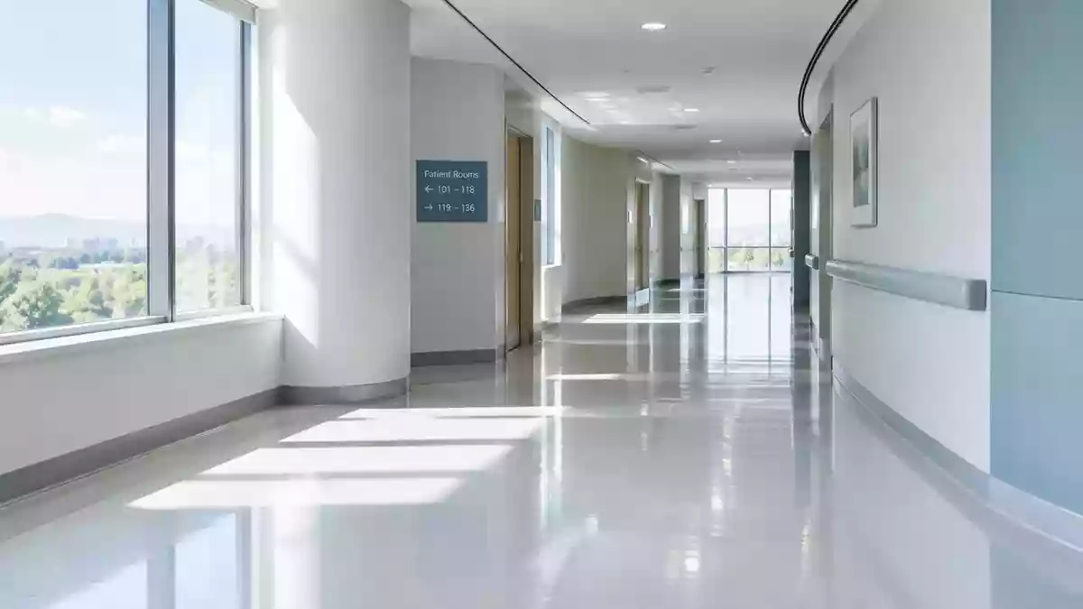 Ein heller, steriler Krankenhausflur in einer modernen medizinischen Einrichtung ohne Personen. Illustration mit AI erstellt.