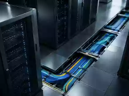 Ein minimalistischer Serverraum mit dunklen Metallschränken und strukturierten Kabelsträngen im Bodenbereich. - Foto: über boerse-global.de