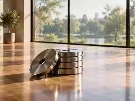 Ein minimalistischer, sonnendurchfluteter Fitnessraum mit Hantelscheiben auf einem Holzboden. - Foto: über boerse-global.de