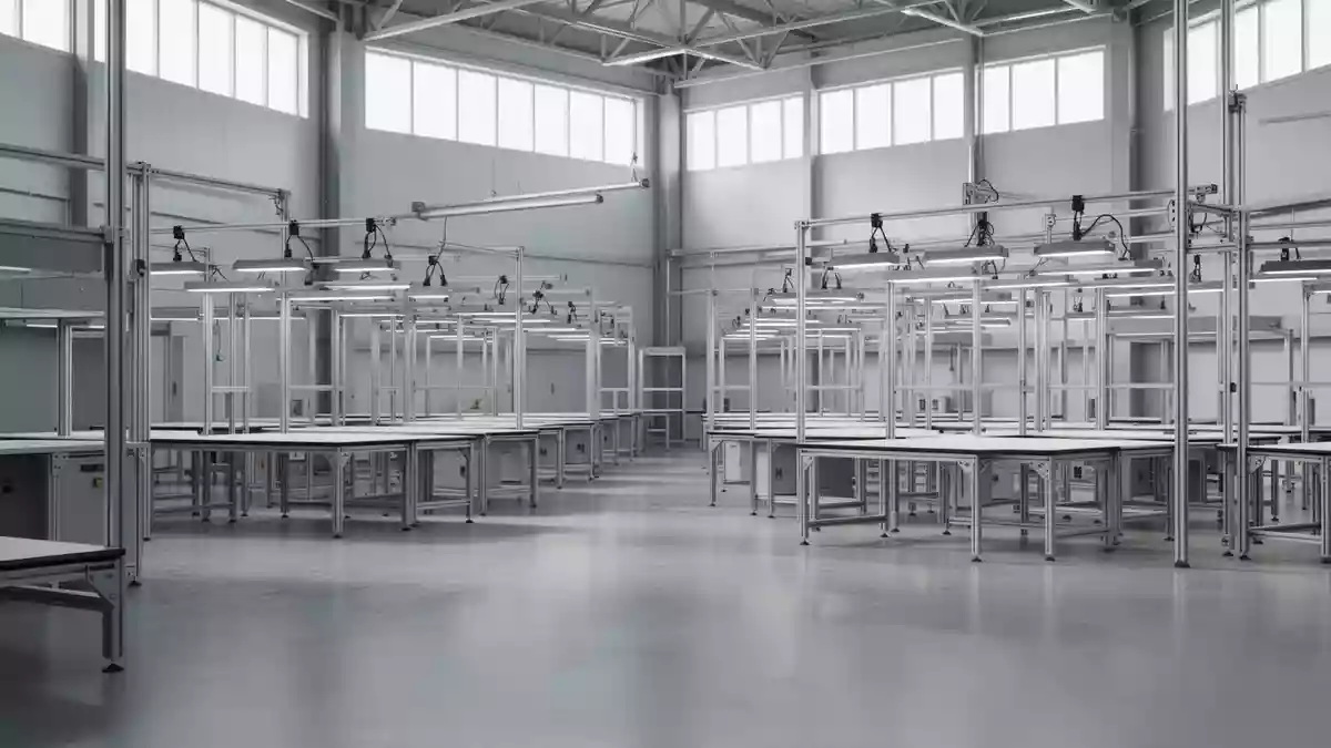 Ein heller, moderner Forschungsraum mit industriellen Arbeitsstationen und poliertem Betonboden ohne Personen. Illustration mit AI erstellt.