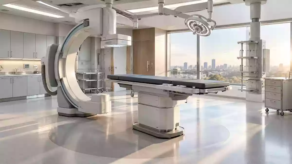 Ein moderner, steriler Behandlungsraum in einer kardiologischen Klinik mit hochwertiger technischer Ausstattung. Illustration mit AI erstellt.