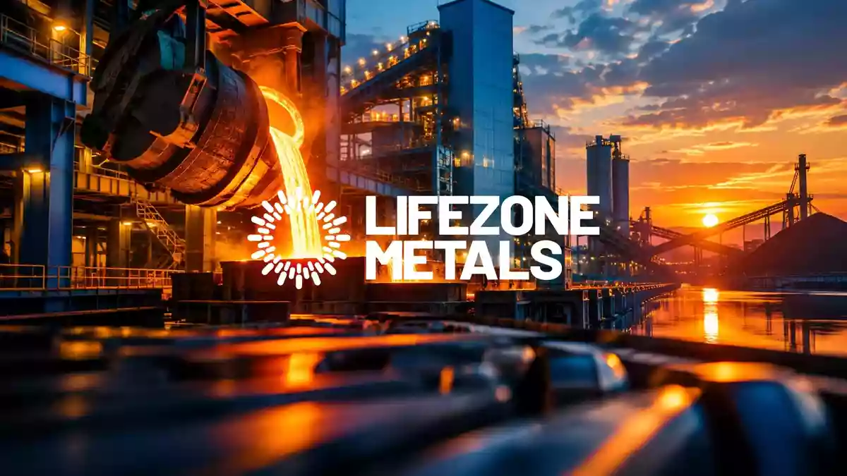 Abstrakte industrielle Metallverarbeitung bei Sonnenuntergang als Symbol für den Rohstoffsektor. Illustration mit AI erstellt.