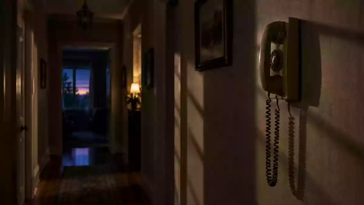 Ein ungenutztes Wandtelefon in einem schattigen Flur, das die Atmosphäre von drohendem Telefonbetrug vermittelt. Illustration mit AI erstellt.