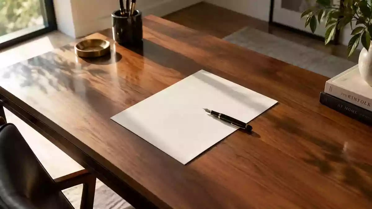 Ein leerer Schreibtisch mit einem Füllfederhalter auf einem leeren Blatt Papier in einem sonnendurchfluteten Raum. Illustration mit AI erstellt.