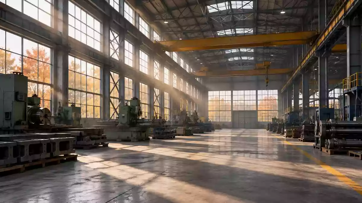 Leere Industriehalle einer Metallfabrik mit großen Maschinen und natürlichem Lichteinfall. Illustration mit AI erstellt.