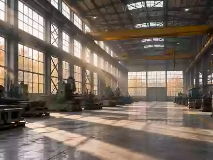 Leere Industriehalle einer Metallfabrik mit großen Maschinen und natürlichem Lichteinfall. - Foto: über boerse-global.de