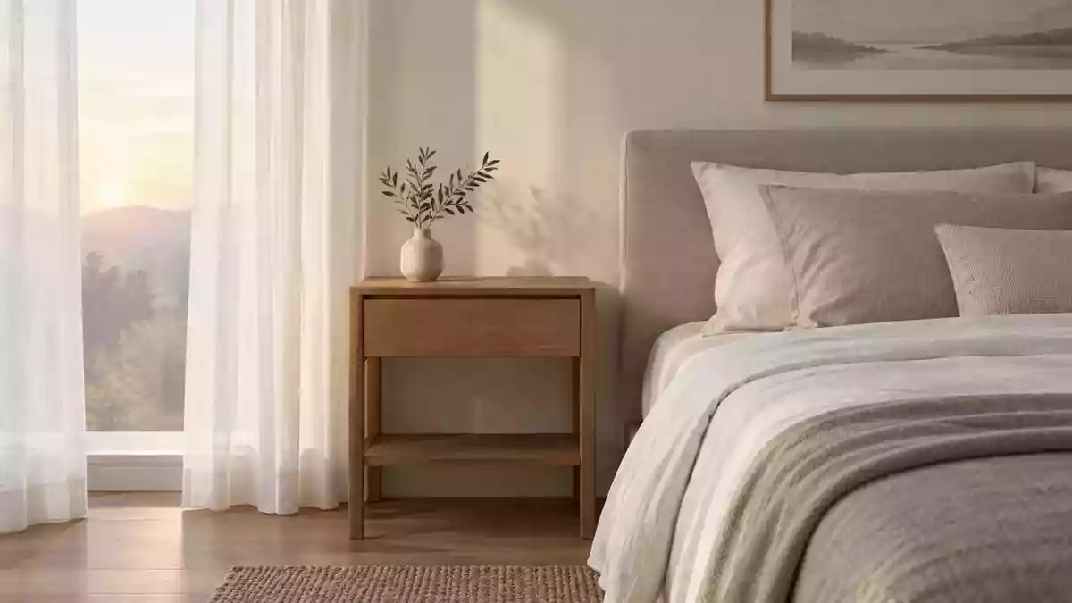 Ein minimalistisches Schlafzimmer bei Tagesanbruch mit sanftem Licht und einem leeren Nachttisch. Illustration mit AI erstellt.