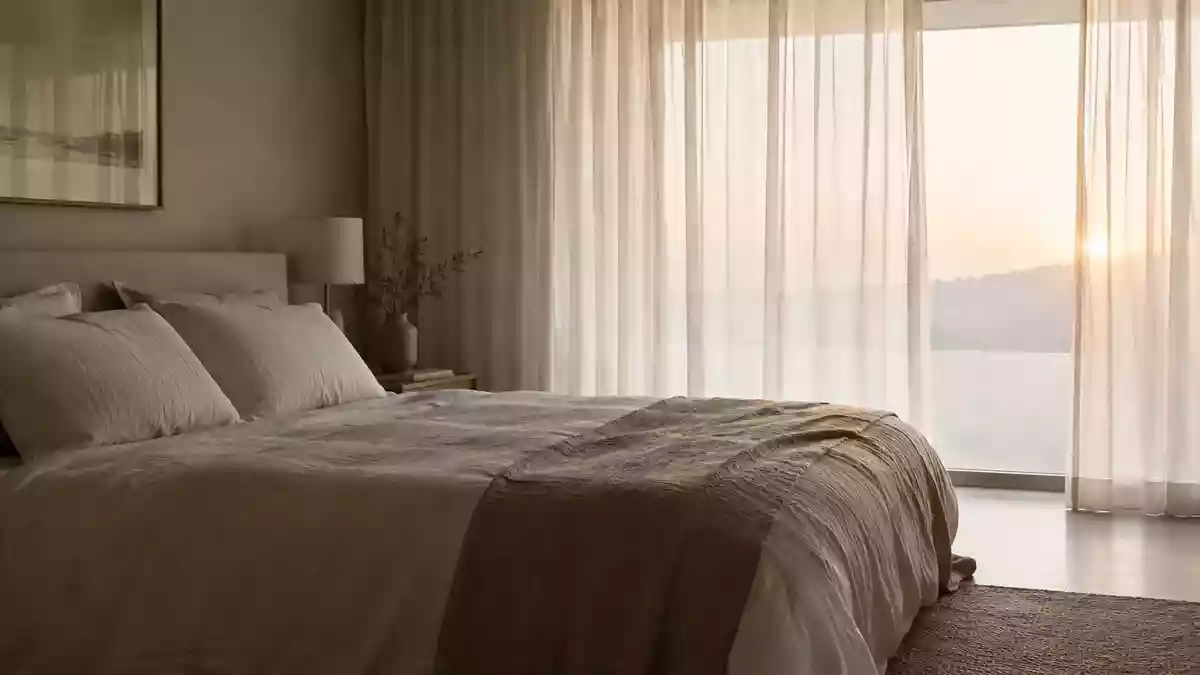 Ein unberührtes, ordentlich gemachtes Bett in einem ruhigen Schlafzimmer im sanften Licht der Morgendämmerung. Illustration mit AI erstellt.