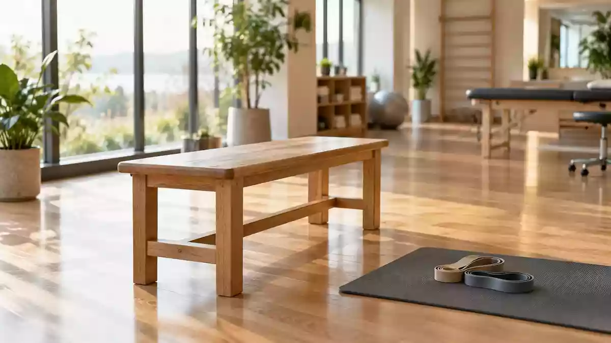 Ein heller, minimalistischer Trainingsraum mit einer leeren Holzbank und elastischen Bändern auf einer Matte. Illustration mit AI erstellt.