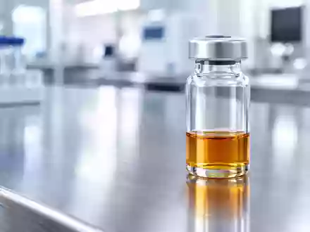 Ein steriles Laborfläschchen mit einer Flüssigkeit auf einer metallischen Oberfläche in einem klinischen Umfeld. - Foto: über boerse-global.de