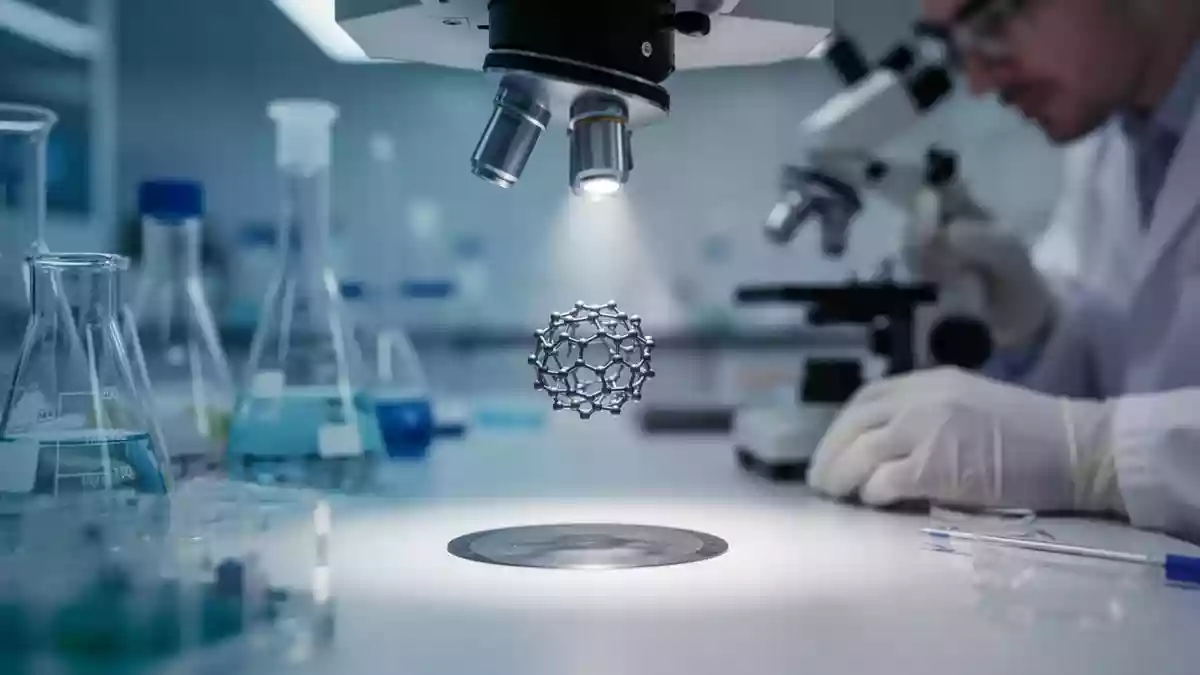 Nahaufnahme eines Labortischs mit wissenschaftlichen Geräten und mikroskopischen Strukturen in einer Forschungsumgebung. Illustration mit AI erstellt.