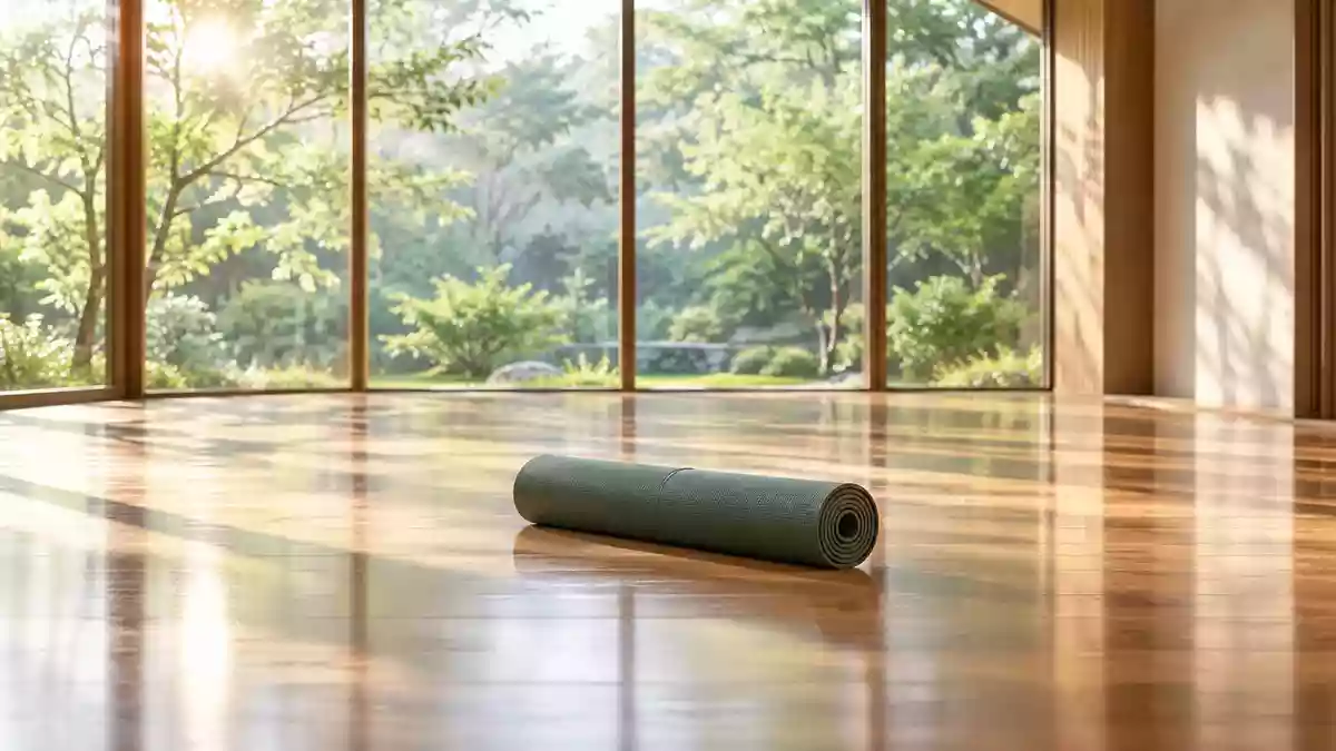 Ein heller, minimalistischer Übungsraum mit Holzboden, einer zusammengerollten Yogamatte und Blick in einen grünen Garten. Illustration mit AI erstellt.
