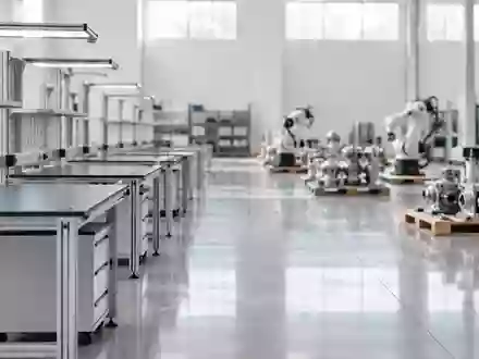 Eine saubere, minimalistische Industriehalle mit leeren Arbeitsplätzen und präzisen Bauteilen in einer modernen Fertigungsumgebung. - Foto: über boerse-global.de