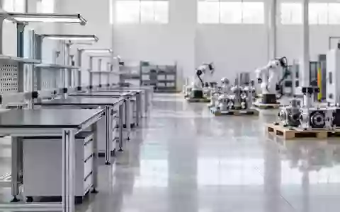 Eine saubere, minimalistische Industriehalle mit leeren ArbeitsplĂ€tzen und prĂ€zisen Bauteilen in einer modernen Fertigungsumgebung. - Foto: ĂŒber boerse-global.de