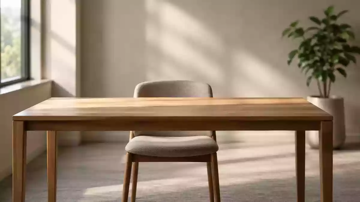 Ein leerer, aufgeräumter Schreibtisch in einem hellen Büro, der eine ruhige und unbesetzte Arbeitsumgebung darstellt. Illustration mit AI erstellt.