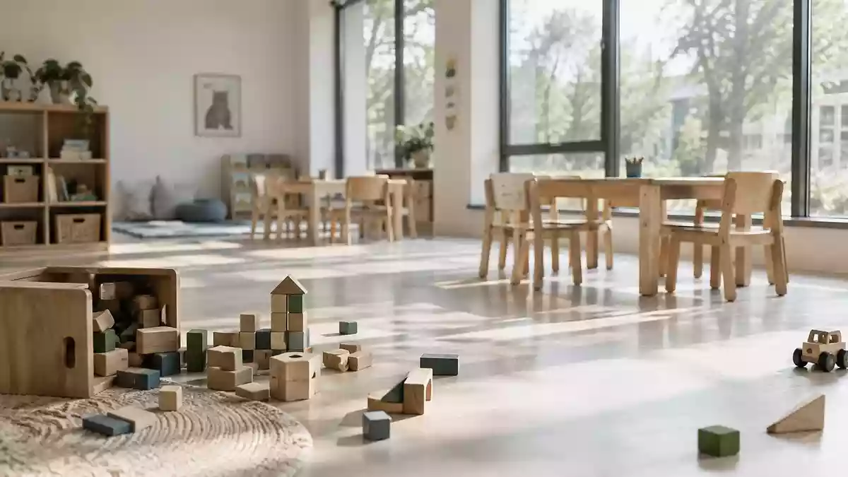 Ein leerer Gruppenraum in einer Kindertagesstätte mit hölzernem Spielzeug und kleinen Stühlen im sanften Tageslicht. Illustration mit AI erstellt.