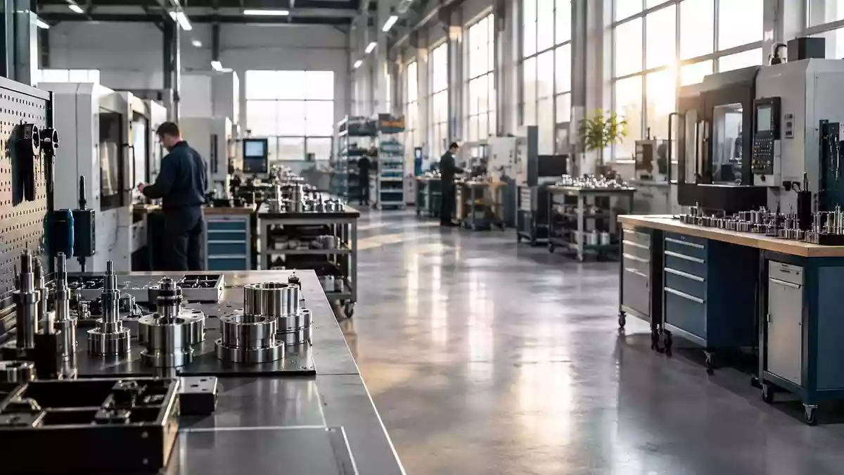 Aufgeräumte industrielle Fertigungshalle mit präzisen Maschinen und metallischen Oberflächen bei natürlichem Tageslicht. Illustration mit AI erstellt.